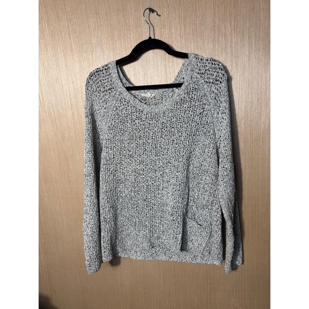Eileen Fisher Womens XL Gray White Open Knit Marled Scoop Neck Sweater Pocket